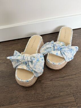 Altar'd State Blue Floral Bow Espadrille Platform Slide Sandals